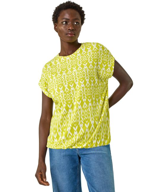 Roman Yellow Ikat Print Bubble Hem Top