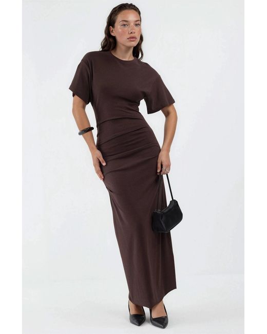 Busem Brown Solid Crew Neck Bodycon Midi Dress