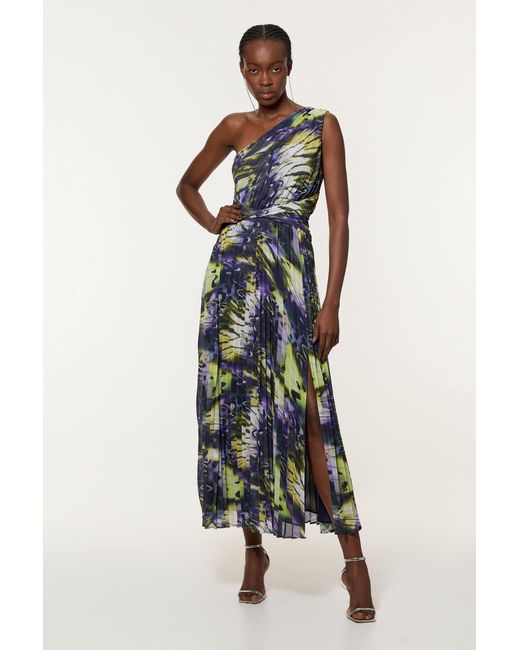 Karen Millen Multicolor Tall Crinkle Feather Print Woven One Shoulder Midaxi Dress