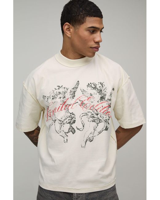 BoohooMAN Natural Oversized Boxy Extended Neck Exposed Seam Cherub T-Shirt Cotton for men