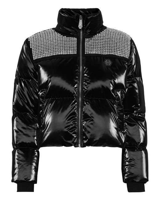 Philipp Plein Jassen ,Zwart ,Nylon Crystal Nylon Puffer Jacket in het Black