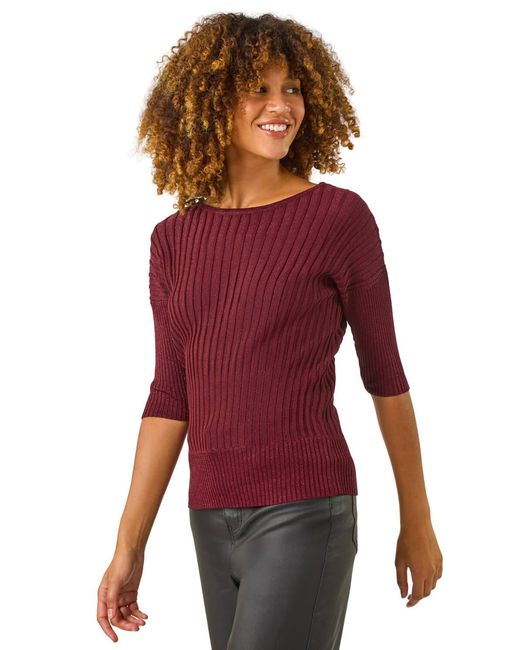 Roman Red Shimmer Ribbed Batwing Knit Jumper