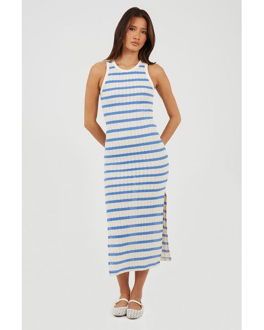 Brave Soul Blue Striped Sleeveless Knit Look Maxi Dress