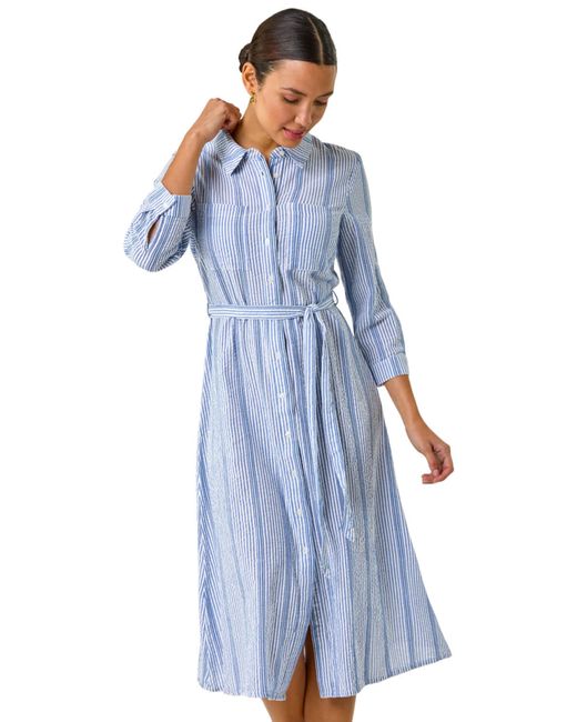 Roman Blue Textured Stripe Belted Shirt Dress