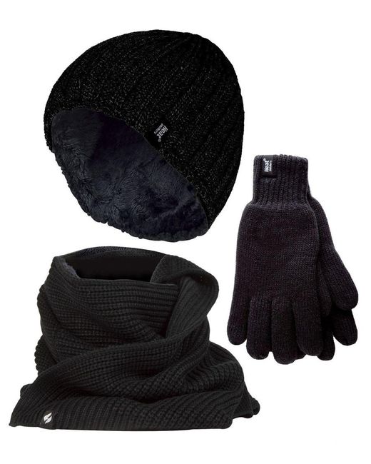Heat Holders Black Knitted Beanie Hat Scarf Gloves Set for men