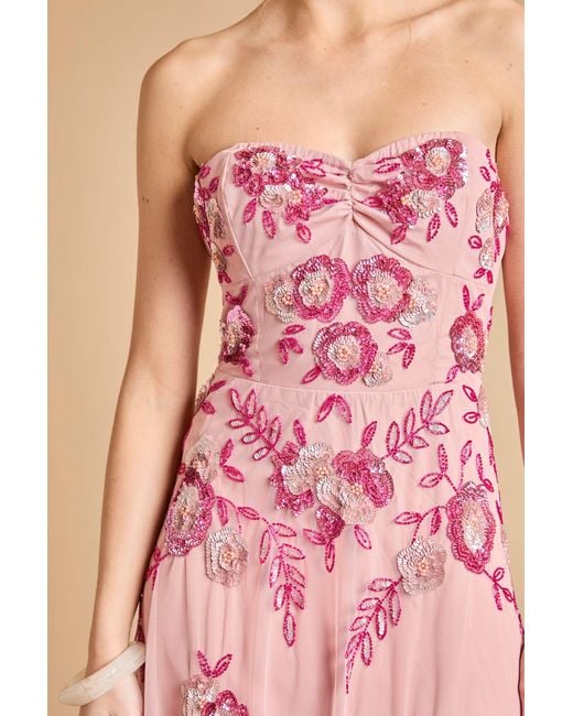 Oasis Pink Premium Trailing Floral Embellished Bandeau Midi Dress
