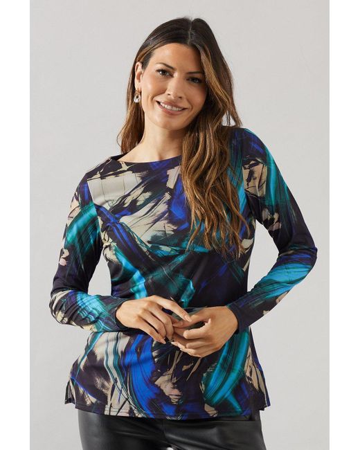 Wallis Blue Brushstroke Print Long Sleeve Jersey Top