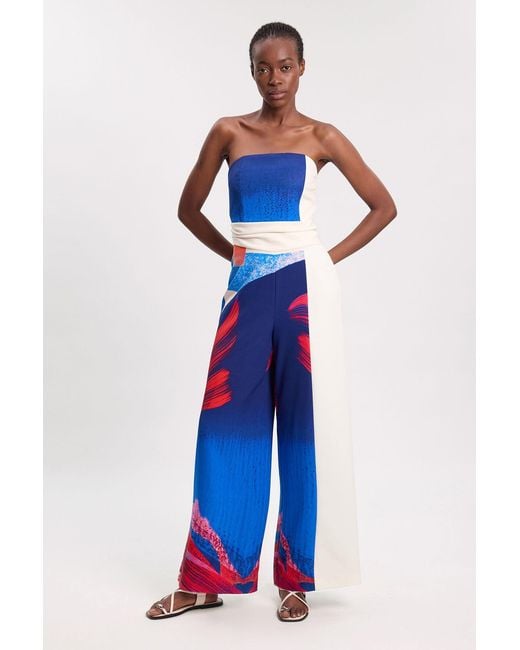 Karen Millen Blue Soft Tailored Colourblock Bandeau Jumpsuit