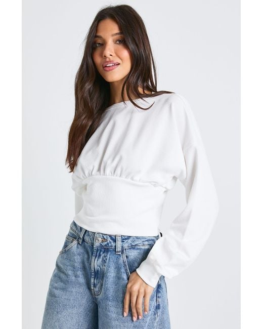 Boohoo White Rib Deep Hem Cinched Waist Balloon Sleeve Top