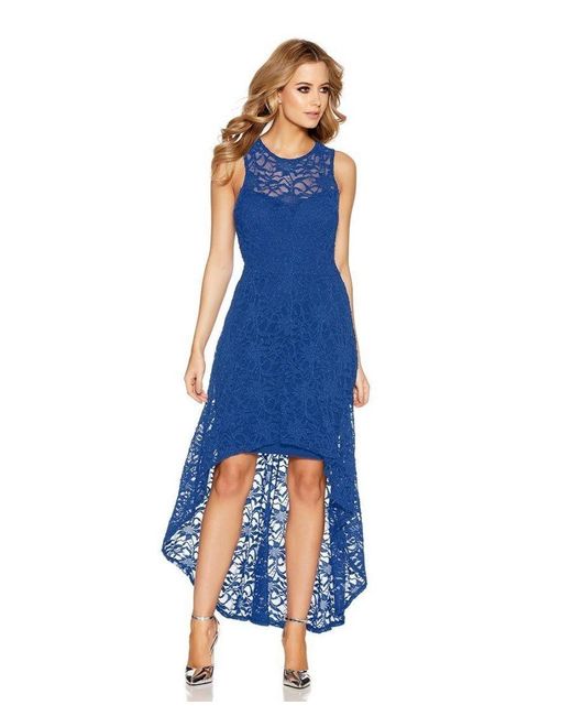 Quiz Blue Royal Glitter Lace Dip Hem Dress