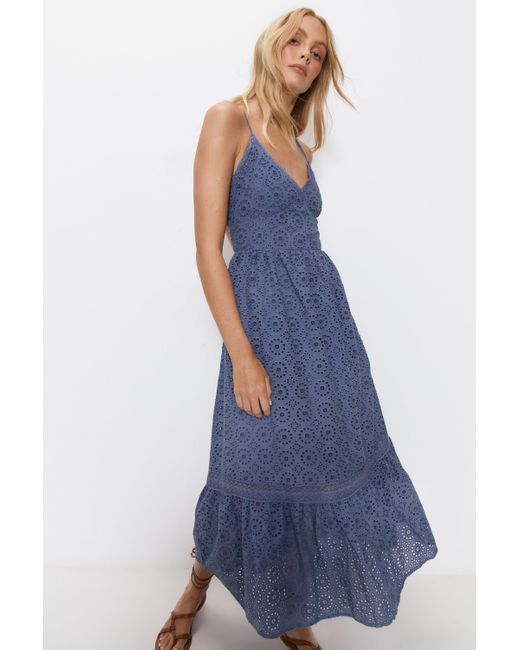 Warehouse Blue Strappy Broderie Maxi Dress