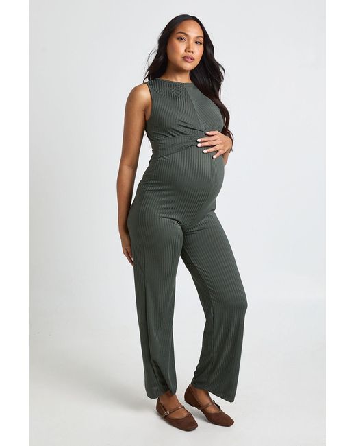 Boohoo Green Maternity Rib Sleeveless Knot Detail Lounge Jumpsuit