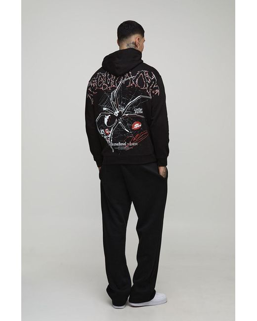 BoohooMAN Black Oversized Spider Over Seam Printed Hoodie Cotton for men