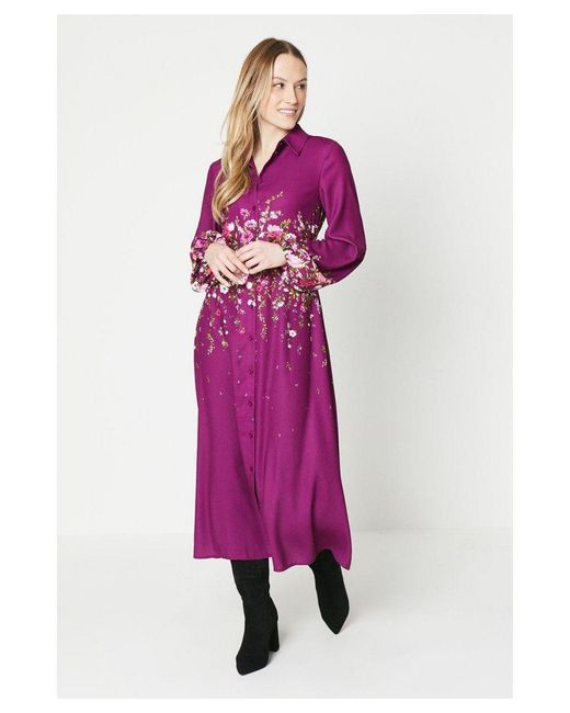 Oasis Purple Pink Floral Placement Print Midi Shirt Dress