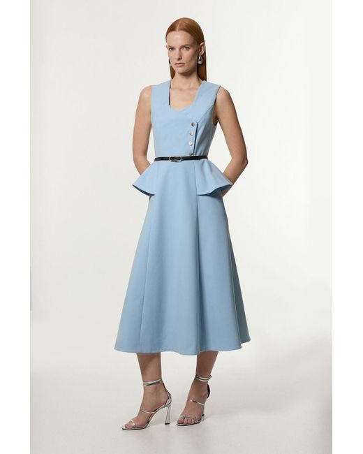 Karen Millen Blue Compact Stretch Belted Peplum Detail Full Skirted Midi Dress