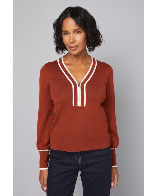Wallis Red Zip Front Tipped Knitted Top