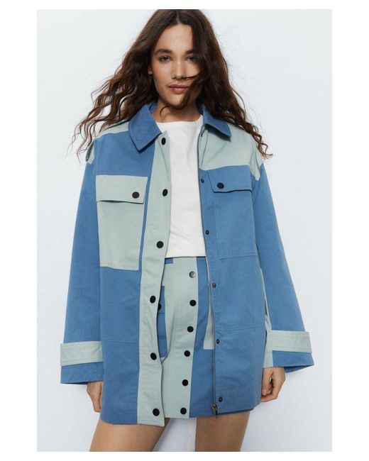 Warehouse Blue Cotton Colour Block Utility Jacket