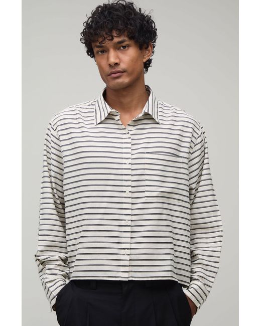 BoohooMAN Gray Cropped Boxy Oversized Stripe Shirt for men