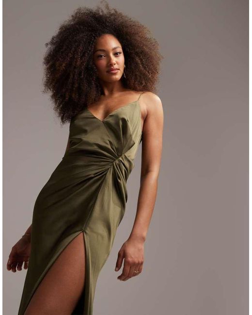 ASOS Brown Bridesmaid Satin Cami Maxi Dress With Drape Detail