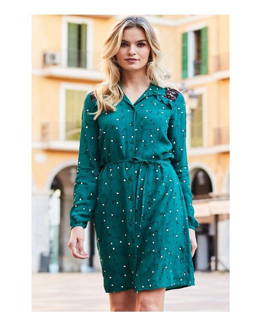 Sosandar Blue Forest Ditsy Floral & Lace Shirt Dress