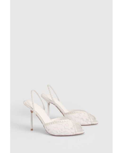 Boohoo White Bridal Beaded Lace Slingback Open Toe Heels