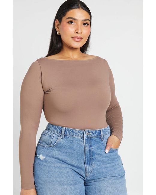 Boohoo Blue Plus Second Skin Long Sleeve Slash Neck Top