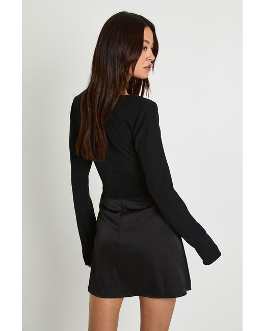 Boohoo Black Tall Satin Drape Long Sleeve Mini Dress