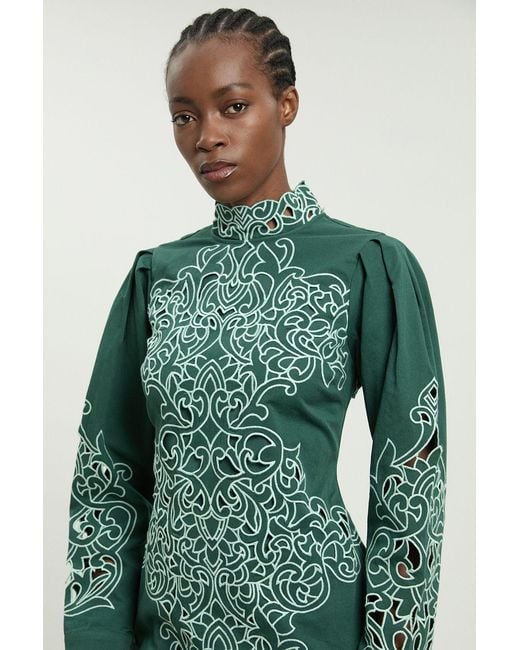 Karen Millen Green Cotton Cutwork Twill Woven Mini Dress