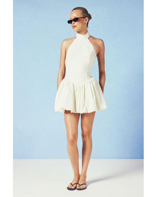 Boohoo Blue Halterneck Tie Back Puff Ball Mini Dress