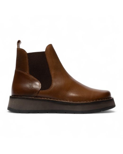 Fly London Brown Camel Rawi Chelsea Leather Ankle Pull-On Classic Comfort Boots