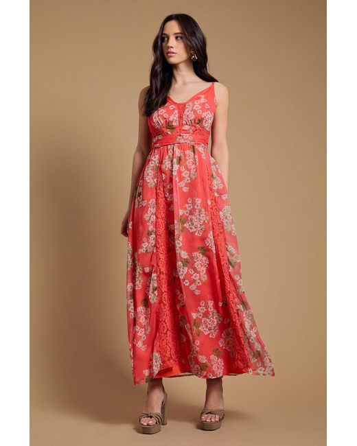 Oasis Red Lace Panelled Waist Pleated Maxi Dress
