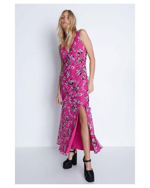 Warehouse Pink Petite Premium Ruffle Detail Floral Maxi Dress