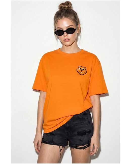 Bianco Lucci Orange Oversized Embroidered Cotton Crew Neck T-Shirt