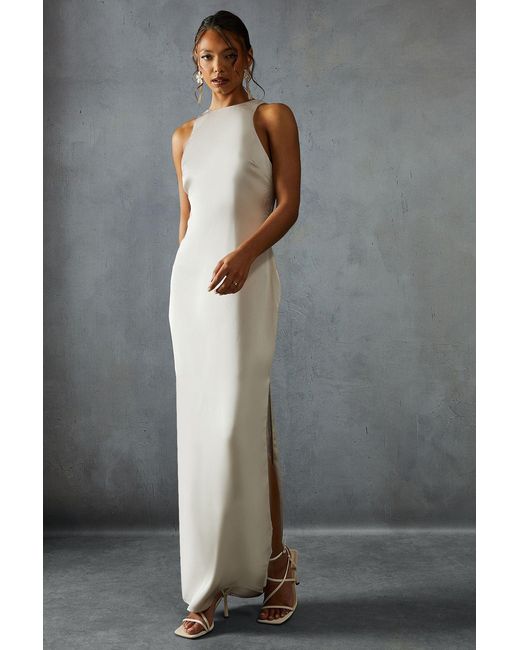 MissPap Gray Premium Satin Racer Open Back Bridesmaid Dress