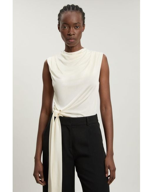 Karen Millen White Asymmetric Drape Viscose Crepe Neck Top With Tie Detail