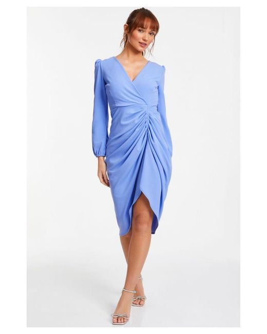 Quiz Blue Ruched Wrap Midi Dress