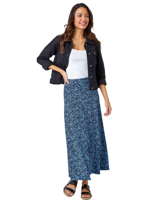 Roman Blue Ditsy Floral Elastic Waist A Line Midi Skirt