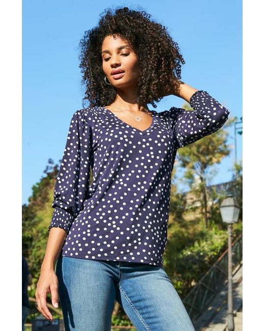 Sosandar Blue Spot Print Shirred Cuff V Neck Top Viscose