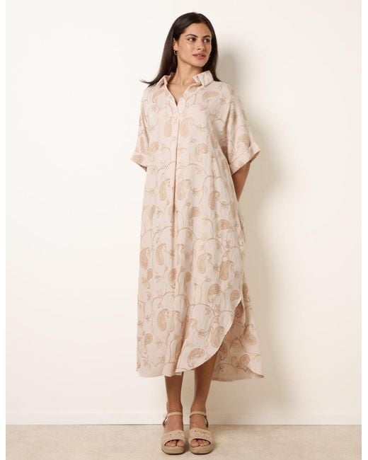 Blue Vanilla Natural Tunic Style Button Front Dress With Paisley Embroidery