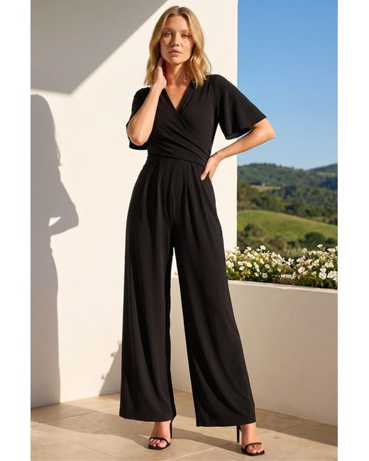 Roman Black Wrap Front Stretch Jumpsuit