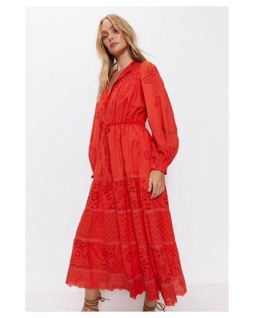 Warehouse Red Broderie Drawstring Waist Midi Dress