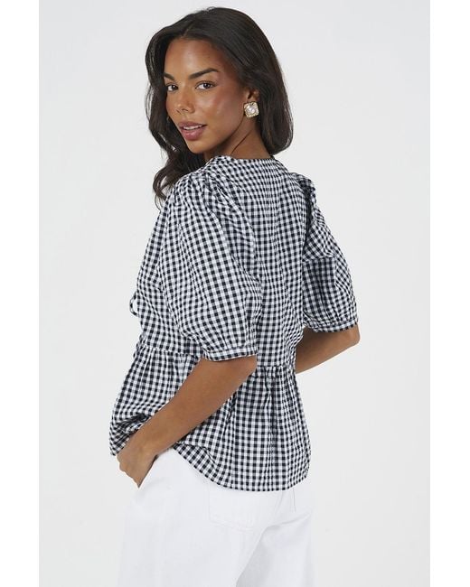 Brave Soul Blue Short Puff Sleeve Gingham Tie Front Blouse