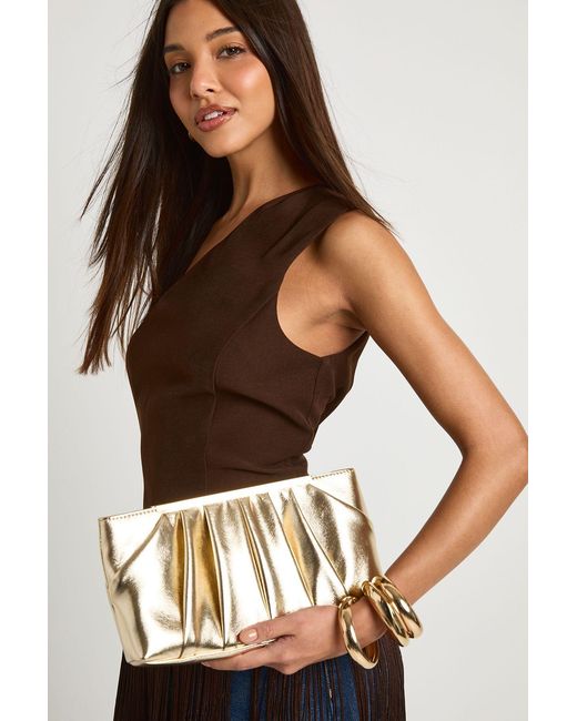Boohoo Brown Ruched Hardware Detail Clutch Bag