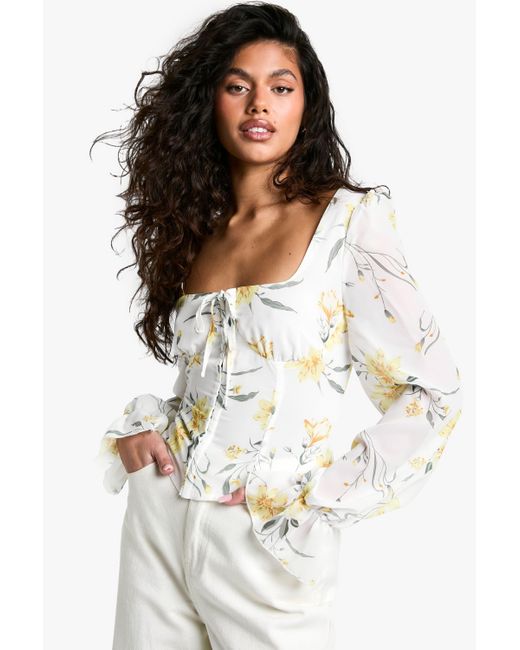 Boohoo White Blurred Ditsy Floral Print Chiffon Balloon Milkmaid Top