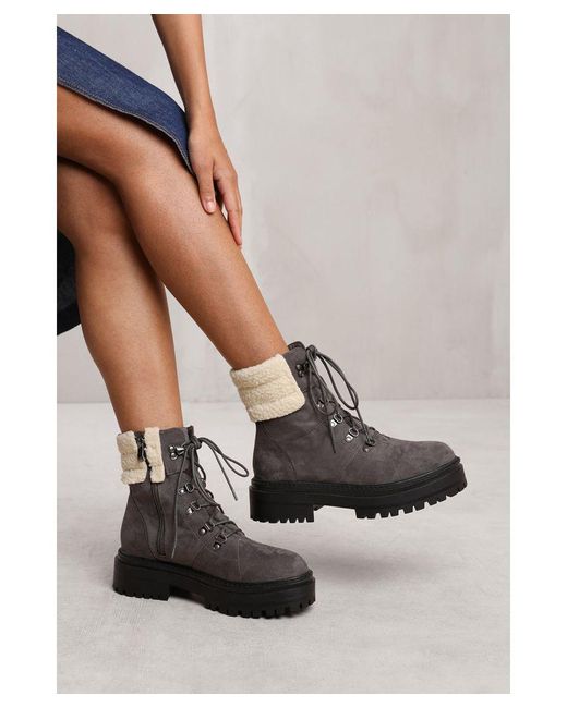 Where's That From Gray Wheres 'Kaia' Lace Up Ankle Boot With Sherpa Trim And Chunky Sole