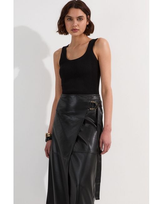 Karen Millen Black Faux Leather Tie Detail Wrap Midi Skirt