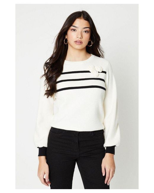 Oasis White Striped Sweater With Corsage Detail Viscose