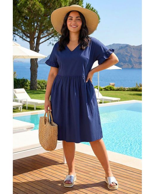 Roman Blue Curve Cotton V-Neck Frill Dress