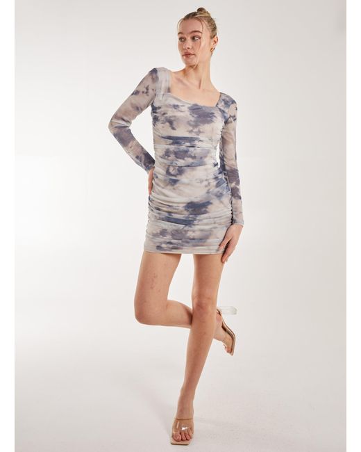 Pink Vanilla Gray Long Sleeve Distressed Print Mini Dress