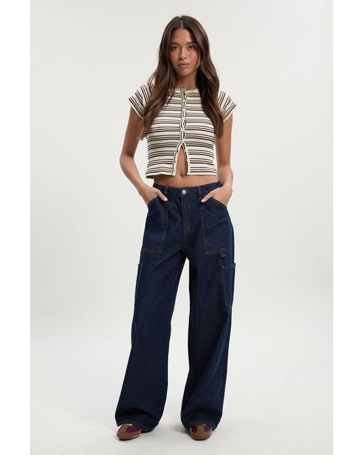 Boohoo Blue High Waist Loose Fit Carpenter Wide Leg Jean